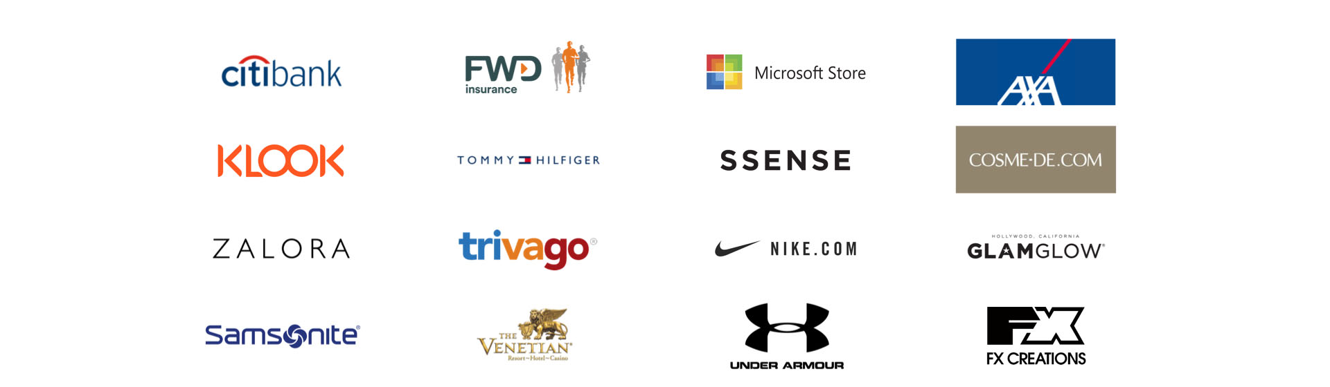 Trusted client brands including Citibank, FWD, Microsoft, AXA, Klook, Tommy Hilfiger, SSENSE and Conrad
